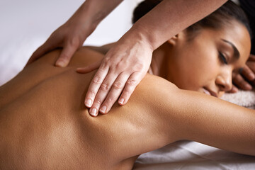 Girl, eyes closed or hands for back massage in salon to relax for zen resting or wellness physical therapy. Closeup of woman in spa for body healing, sleeping or natural holistic detox by masseuse