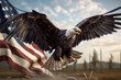  Generative AI illustration. Bald Eagle with American flag flying. United States of America patriotic wallpaper. Happy 4th Of July Independence Day card
