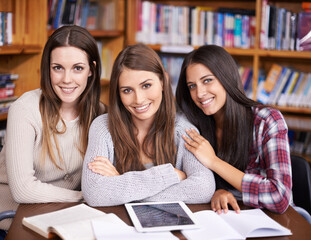 Aufkleber - University, learning and portrait of women in library on tablet for online research, studying and project. Education, academy and happy female students on computer for knowledge, internet and website