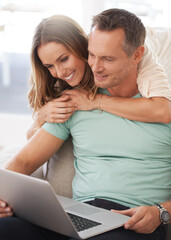 Poster - Laptop, sofa and happy couple with home internet for online planning, website review and check application together. Hug, love and affection of mature woman, partner or people on computer technology