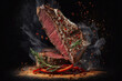 Grilled steak meat piece with spices Smoke, fire. Grilled meat levitation. Generative AI.