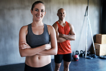 Sticker - Exercise portrait, arms crossed or people happy for health goals success, fitness studio progress or gym training. Motivation, cardio collaboration or healthy man, woman or confident people smile