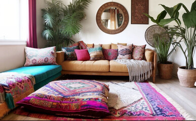 Wall Mural - Interior design of a bohemian living room with a comfortable sofa, colorful pillows, home plants and colorful Persian rug | Generative Ai | Indoor décor | Modern and luxurious Living room