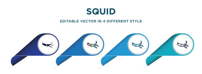 squid icon in 4 different styles such as filled, color, glyph, colorful, lineal color. set of   vector for web, mobile, ui