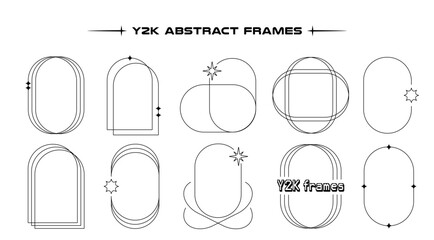 Poster - Set of abstract aesthetic y2k geometric elements and wireframe shapes. Black and white retro line design elements. Vector illustration for social networks or posters. EPS 10