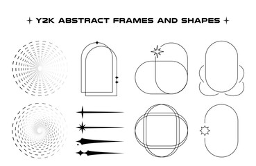 Poster - Set of abstract aesthetic y2k geometric elements and wireframe shapes. Black and white retro line design elements. Vector illustration for social networks or posters. EPS 10