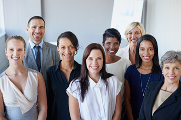 Poster - Business people, teamwork and portrait for office leadership, career management and diversity in workplace or company. Smile on faces of employees, women or men together for group, team and mindset