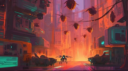 A cyberpunk city with robotic bees as pollinators. Fantasy concept , Illustration painting. Generative AI