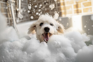 Wall Mural - Small dog being washed in bath tube full of foam. 