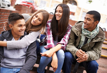 Sticker - University, friends and people on campus in conversation, talking and chat outdoors on steps. Diversity, education and happy men and women students relax and bonding on school, academy and college