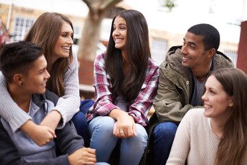 Aufkleber - University, community and people chat on campus in conversation, talking and laughing outdoors. Diversity, education and happy men and women students smile for learning at school, academy and college