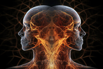 Wall Mural - two spiritual human bodies on dark background. souls connection. created with generative ai