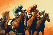 Jockeys riding on horses, color drawing. Horse racing at the racetrack. Active sport sticker. Created with Generative AI