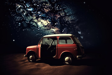 Wall Mural - futuristic retro car on galaxy and nebula background. vehicle in space for futuristic travel. creati