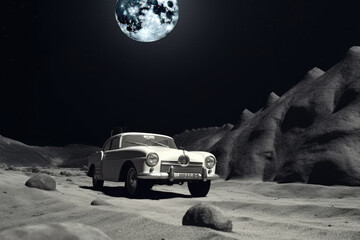 Wall Mural - futuristic retro car on surface of unknown planet with galaxy and nebula background. vehicle in spac