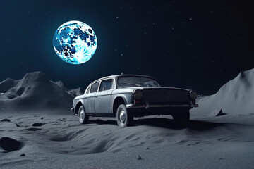 Wall Mural - futuristic retro car on surface of unknown planet with galaxy and nebula background. vehicle in spac