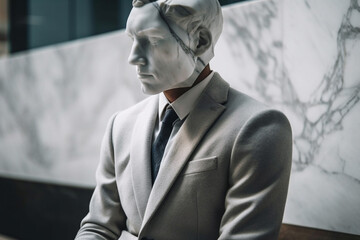  Business man statue or sculpture in a suit with the head made of marble. Ai generated