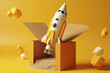 Rocket launched from a box on yellow background. Generative AI.
