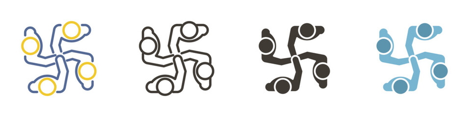 Vector icon in 4 different styles. Team group of 4 people with hands together huddling