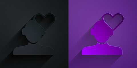 Wall Mural - Paper cut Broken heart or divorce icon isolated on black on purple background. Love symbol. Valentines day. Paper art style. Vector