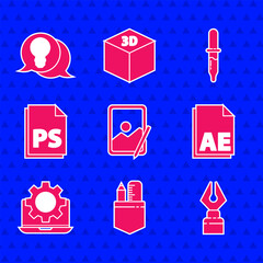 Poster - Set Graphic tablet, Crossed ruler and pencil, Fountain nib, AE file document, Laptop gear, PS File, Pipette and Light bulb with concept of idea icon. Vector