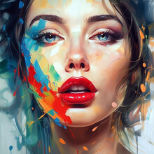 Art Portrait Of Beautiful Woman With Red Lips And Colorful Paint Splashes.  Portrait Of Attractive Girl With Creative Make-up. Digital Painting. Illustration Of A Beautiful Girl With Oil Paints