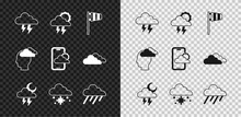 Set Storm, Cone Windsock Wind Vane, Cloud With Snow, Rain, Man Having Headache And Weather Forecast Icon. Vector