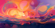 Generate A Vibrant Abstract Image Representing A Summer Sunset, With Overlapping Swirls Of Warm Oranges, Pinks, And Purples, Reminiscent Of The Sky As The Sun Dips Below The Horizon