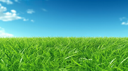 Wall Mural - Illustration close up of a lush green grass lawn field against a blue summer’s sky. A.I. generated.