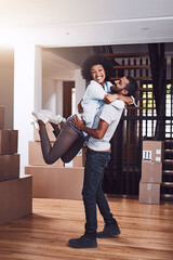 Poster - Moving in portrait, couple hug and love with real estate sale and cardboard boxes at new apartment. Happiness, excited and African woman and man together with a smile from mortgage and property deal