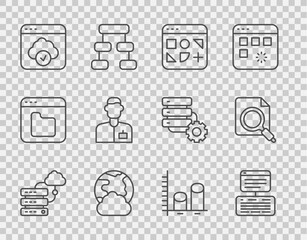 Poster - Set line Network cloud connection, Server, Data, Web Hosting, Different files, Social network, Cloud technology data transfer, Analyst engineer, analysis and Search concept with folder icon. Vector