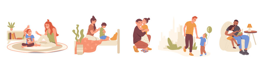set of loving father, mother and kids, happy family, parent and children relationship concept