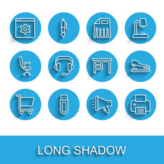 Poster - Set line Shopping cart, USB flash drive, Browser setting, Megaphone, Printer, Headphones, Stapler and Office desk icon. Vector