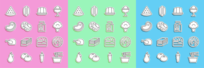 Sticker - Set line Asian noodles in bowl, Donut, Broccoli, Jelly cake, Cookie with chocolate, Steak meat, Watermelon and aper package for milk icon. Vector