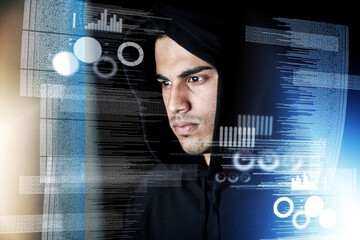 Poster - Data analysis, digital overlay and man, hacker or programmer in night hacking, programming or fintech crime. Software coding, information technology and focus person in hoodie for cybersecurity fraud