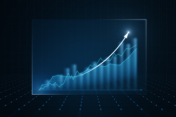 Front view of modern growing financial chart with rising up arrow on dark blue background. Investing, trading and stock market concept. 3D Rendering