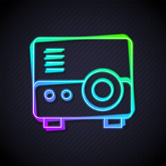 Poster - Glowing neon line Presentation, movie, film, media projector icon isolated on black background. Vector