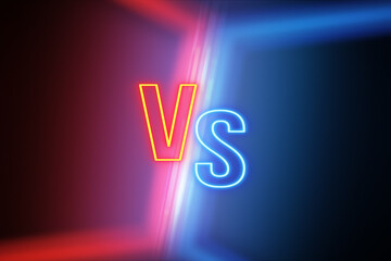 Poster - Competition, versus and opposites concept with digital red v and blue s letters opposed to each other on abstract dark illuminated background. 3D rendering