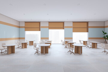 Poster - Modern school classroom interior with desks and window with city view. Education and auditorium concept. 3D Rendering.