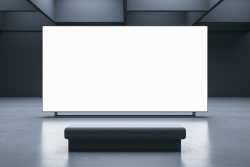 Poster - Front view on blank white glowing screen with space for your advertising text or logo on dark wall background opposite bench in abstract presentation hall interior. 3D rendering, mockup