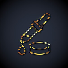 Poster - Gold line Pipette icon isolated on black background. Element of medical, chemistry lab equipment. Pipette with drop. Medicine symbol. Vector
