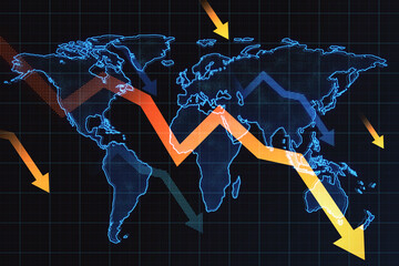 Poster - Downward falling arrows with map on dark background. Stock or financial market crash, crisis concept. 3D Rendering.