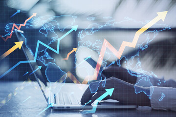 Poster - Close up of male hands using laptop with growing arrows and map on blurry background. Growth, success and money concept. Double exposure.