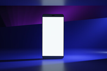 Poster - Front view on blank white modern smartphone screen with space for your logo or text on abstract graphic dark blue and purple shades background. 3D rendering, mockup