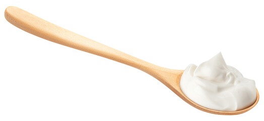 sour cream on wooden spoon, mayonnaise, yogurt, isolated on white background, full depth of field