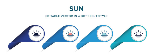 Poster - sun icon in 4 different styles such as filled, color, glyph, colorful, lineal color. set of   vector for web, mobile, ui