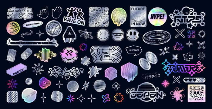 Wall Mural -  - Retro holographic stickers Y2K style. Acid trippy psychedelic, rave, vaporwave, synthwave. Y2K holographic graphic box, Translated from Japanese - be happy, cyberpunk, the future is now, the future