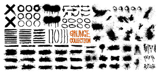 Fototapete - Diverse grunge graphic set, spray graffiti stencil, brushstroke, ink callouts for text paint and ink splashes, grainy, dust, spray effect. Brush strokes, arrows, brackets, circles. Vector grunge set