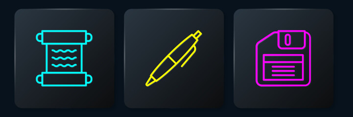 Poster - Set line Papyrus scroll, Floppy disk and Pen. Black square button. Vector
