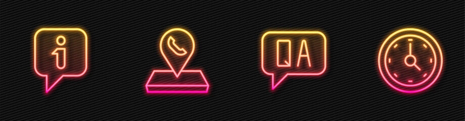 Poster - Set line Question and Answer, Information, Call center location and Clock. Glowing neon icon. Vector